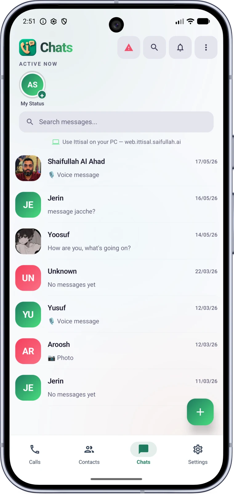 Ittisal green chat list with organized inbox and contacts