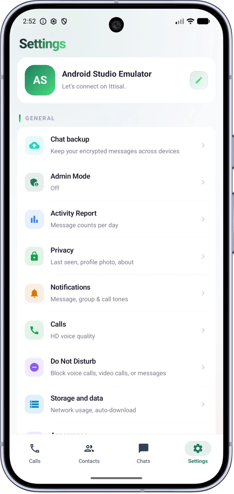 Ittisal settings screen with Admin Mode, Privacy, and Do Not Disturb controls